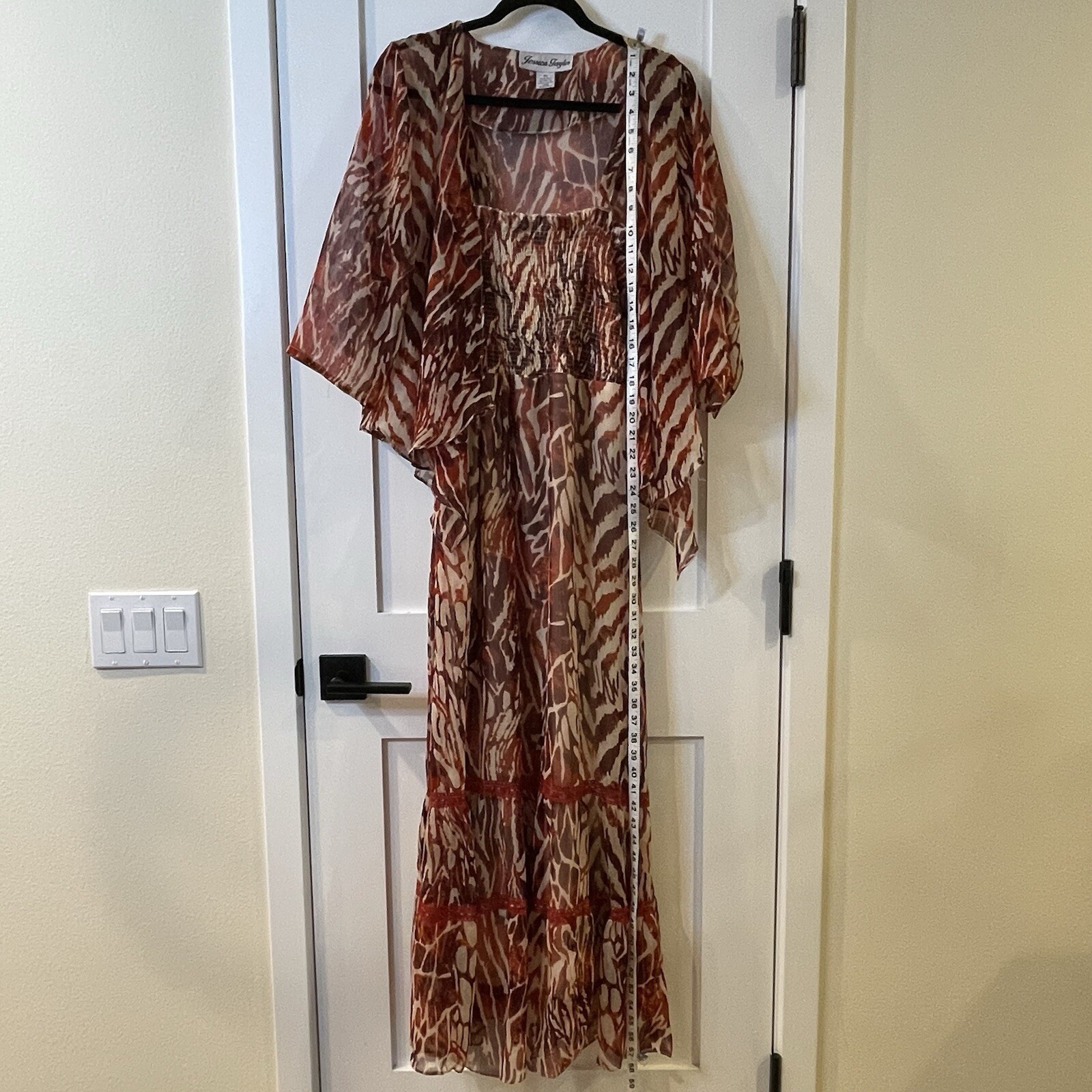 Jessica Taylor Maxi Dress Brown 2 pc Tier Chiffon XL Sleeves Boho Cruise Sheer