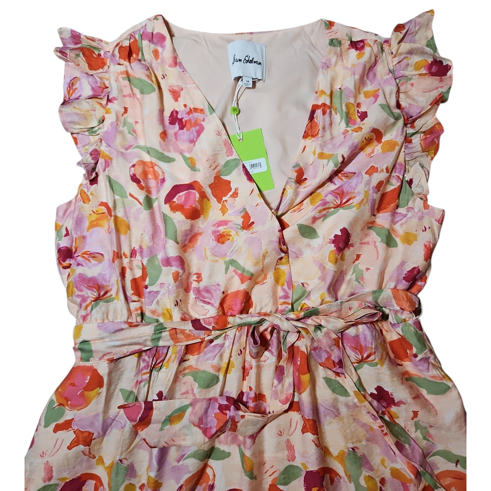 Sam Edelman Flutter Sleeve Midi Floral Peach Ruffled Pocket Dress Womens Size 14