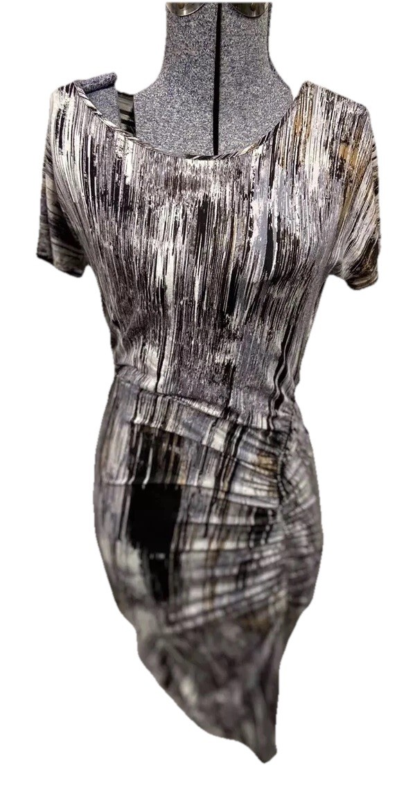 Halston Heritage Dress Size S Small Ruched BodyCon Stretch Abstract Slimming HH