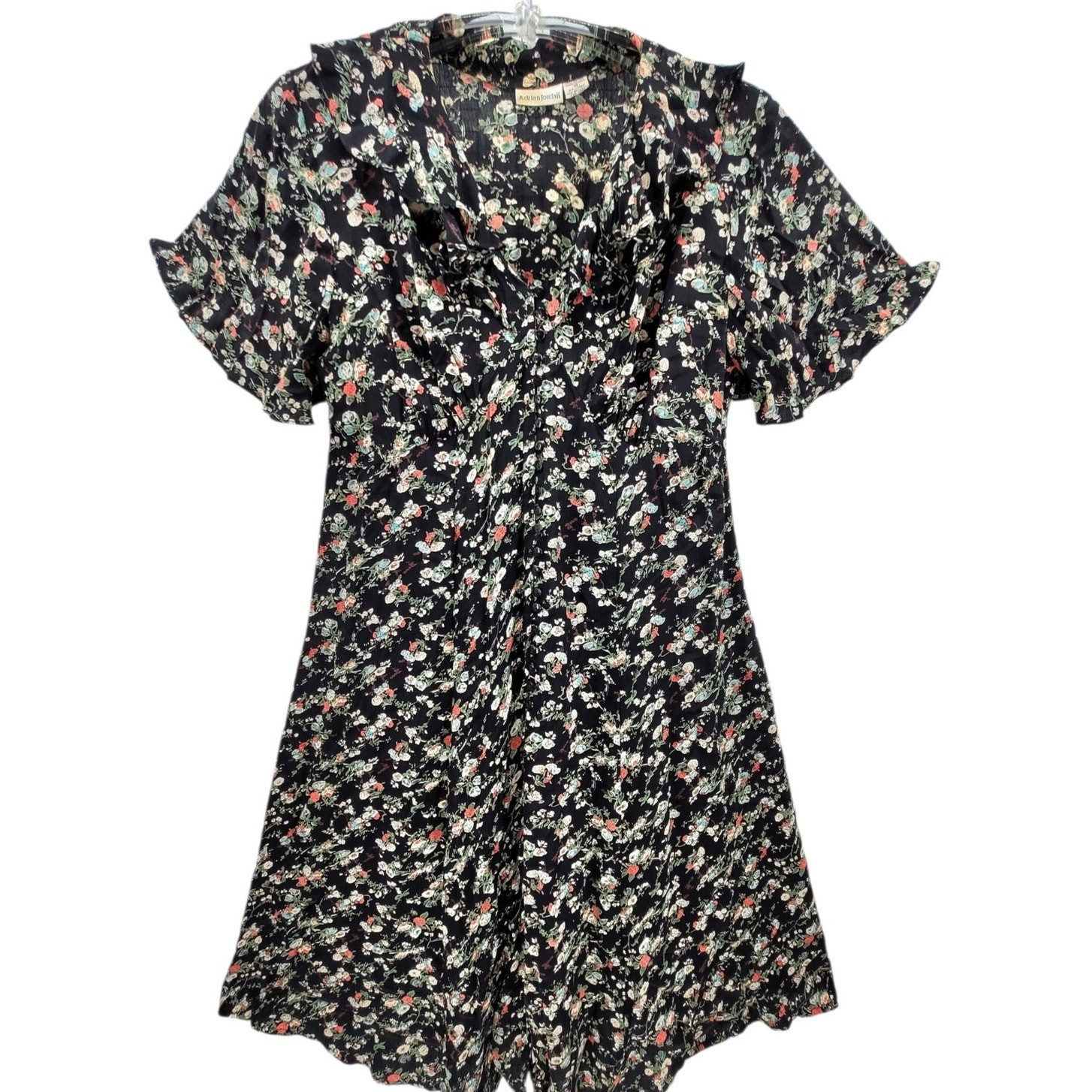 Adrian Jordan Vintage Black Floral Midi Dress Empire Waist Button Front Plus