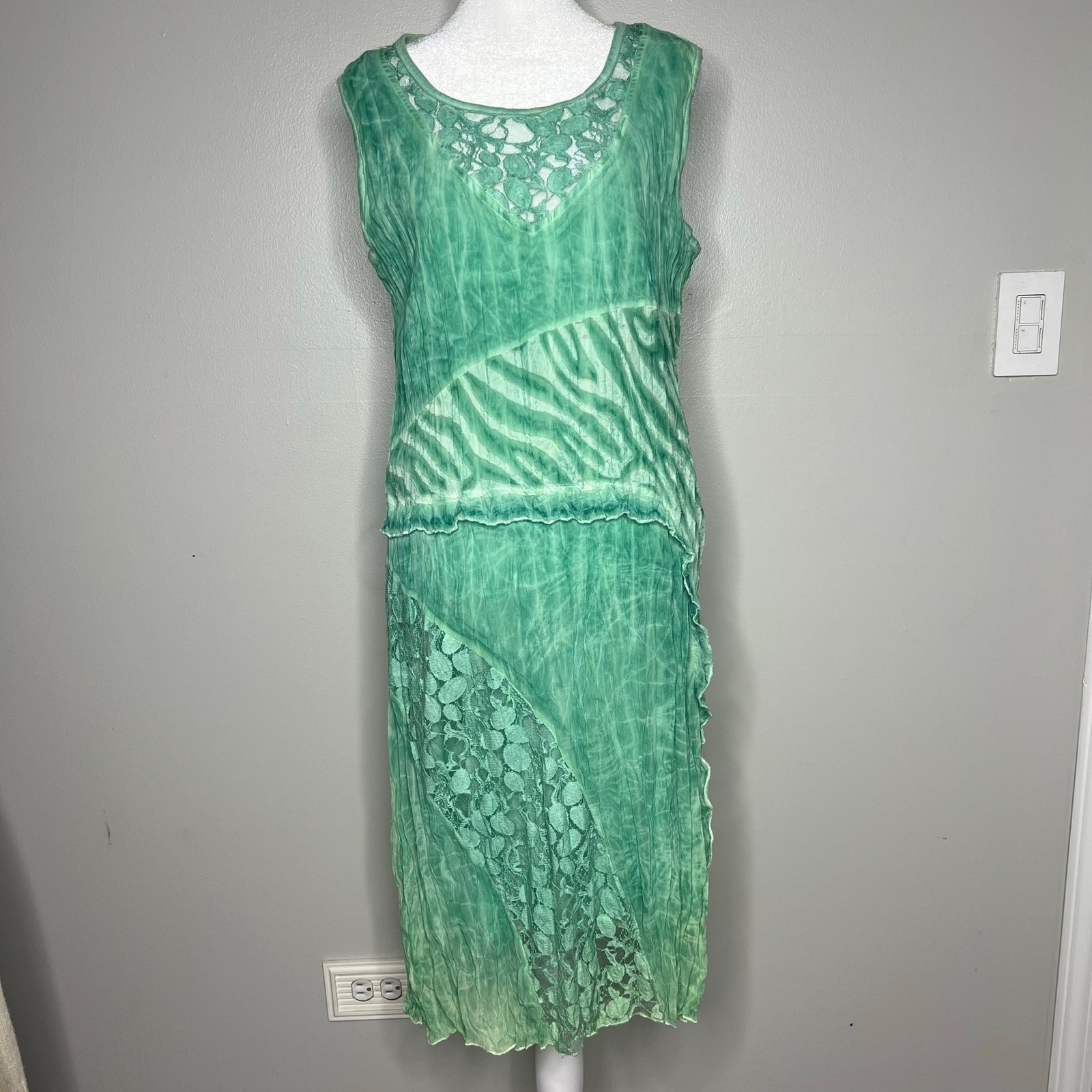 Women’s Textured Fairy Grunge Sea Foam Green Dress Lace Inset Sz L Boho Hippie