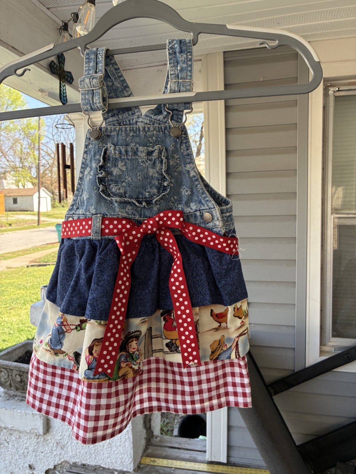 Upcycled Denim Overall Bodice Into Jumper Dress Cowgirl Print Toddler Size 2-3