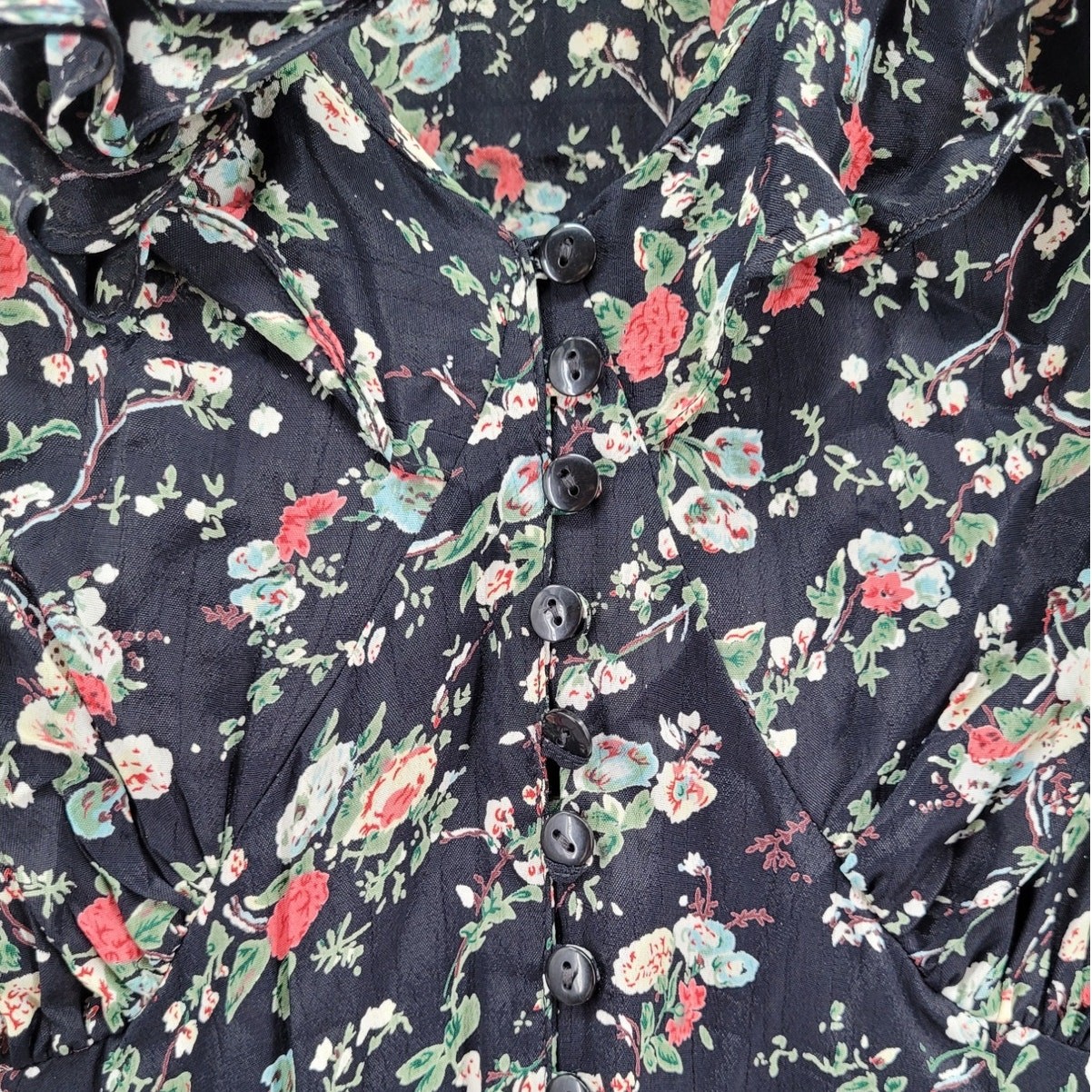 Adrian Jordan Vintage Black Floral Midi Dress Empire Waist Button Front Plus
