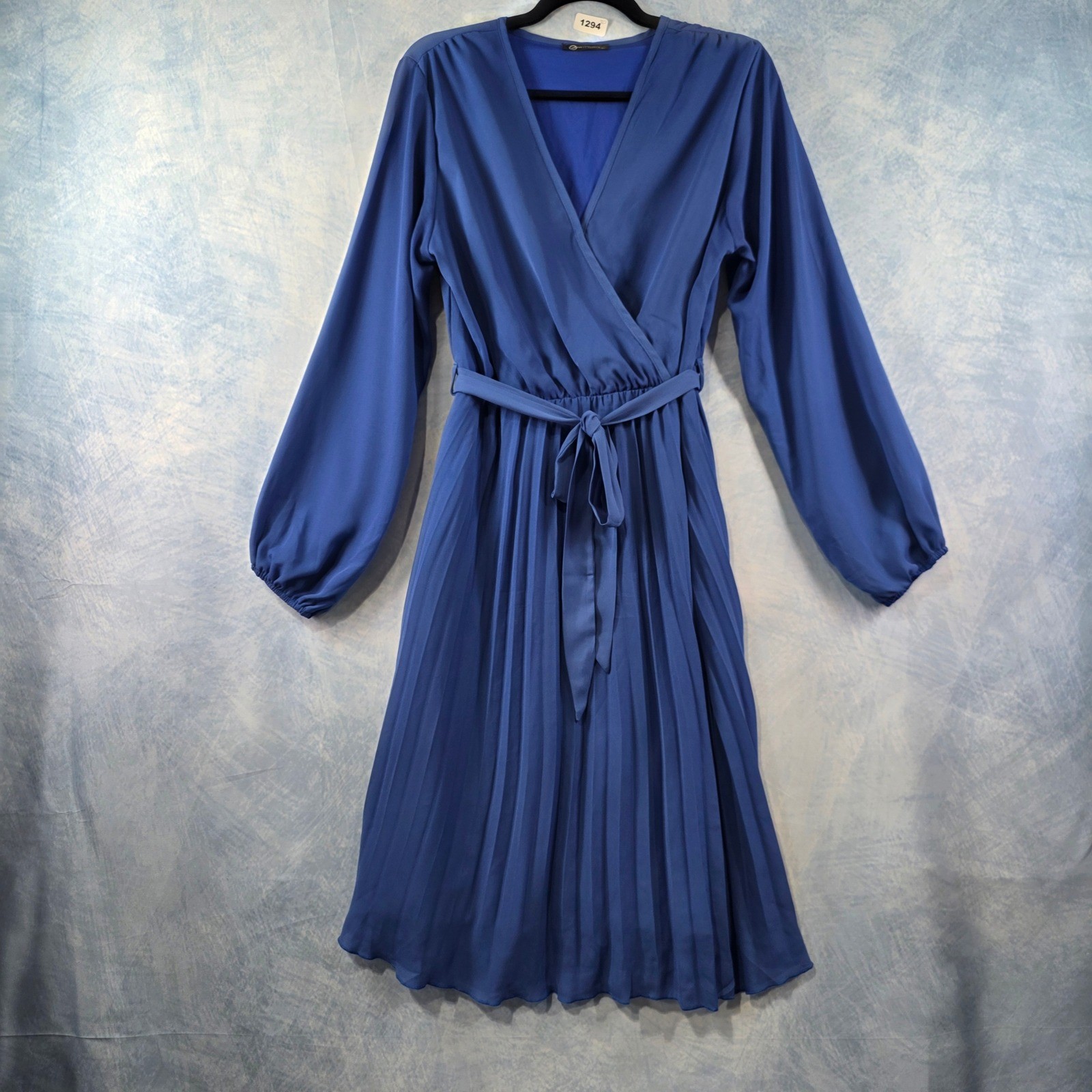 PrettyGarden Womens Blue Pleated Wrap Midi Dress Long Sleeve Tie Waist Large