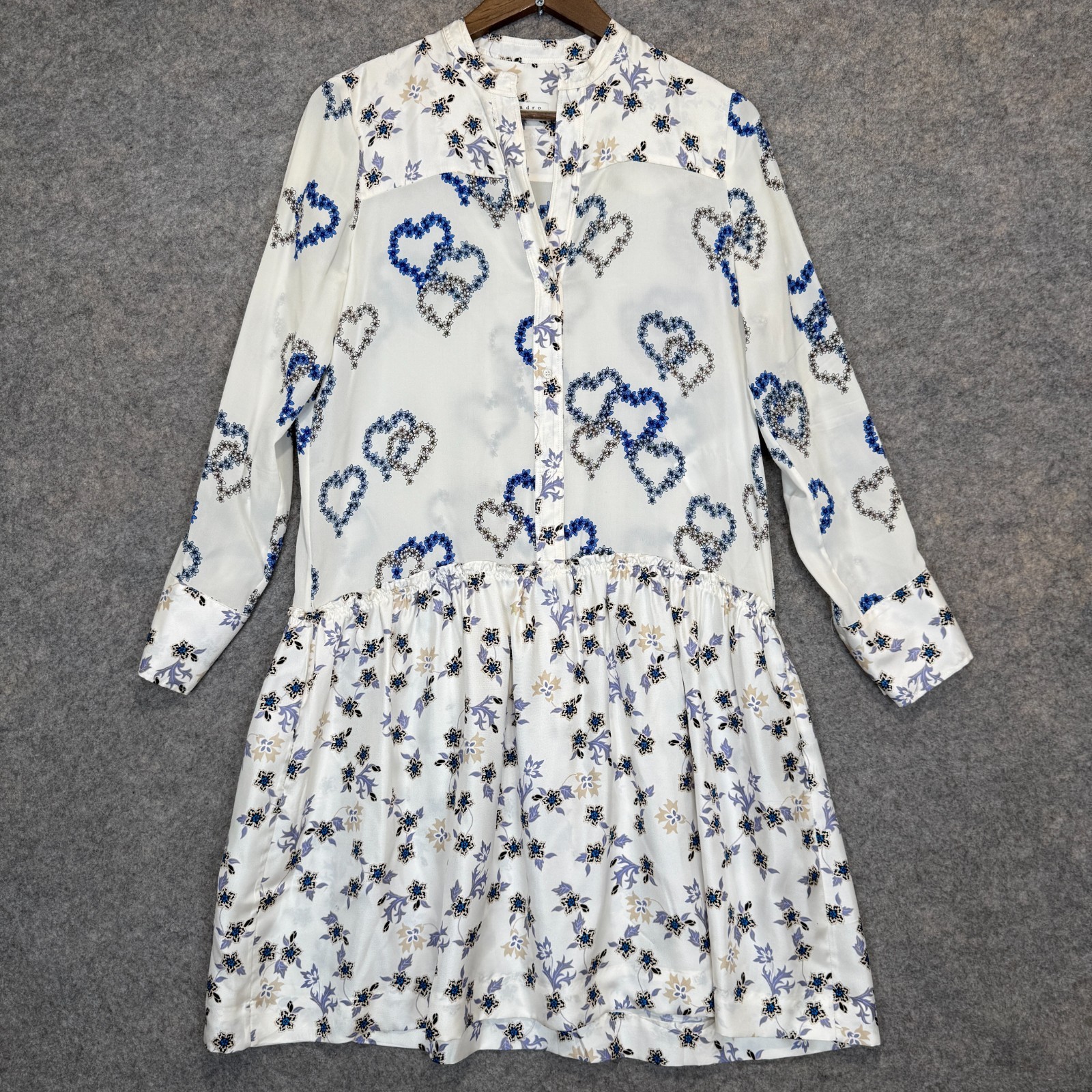 Sandro Paris 100% Silk Heart Floral Drop Waist Shirt Dress Women 38 Large Button