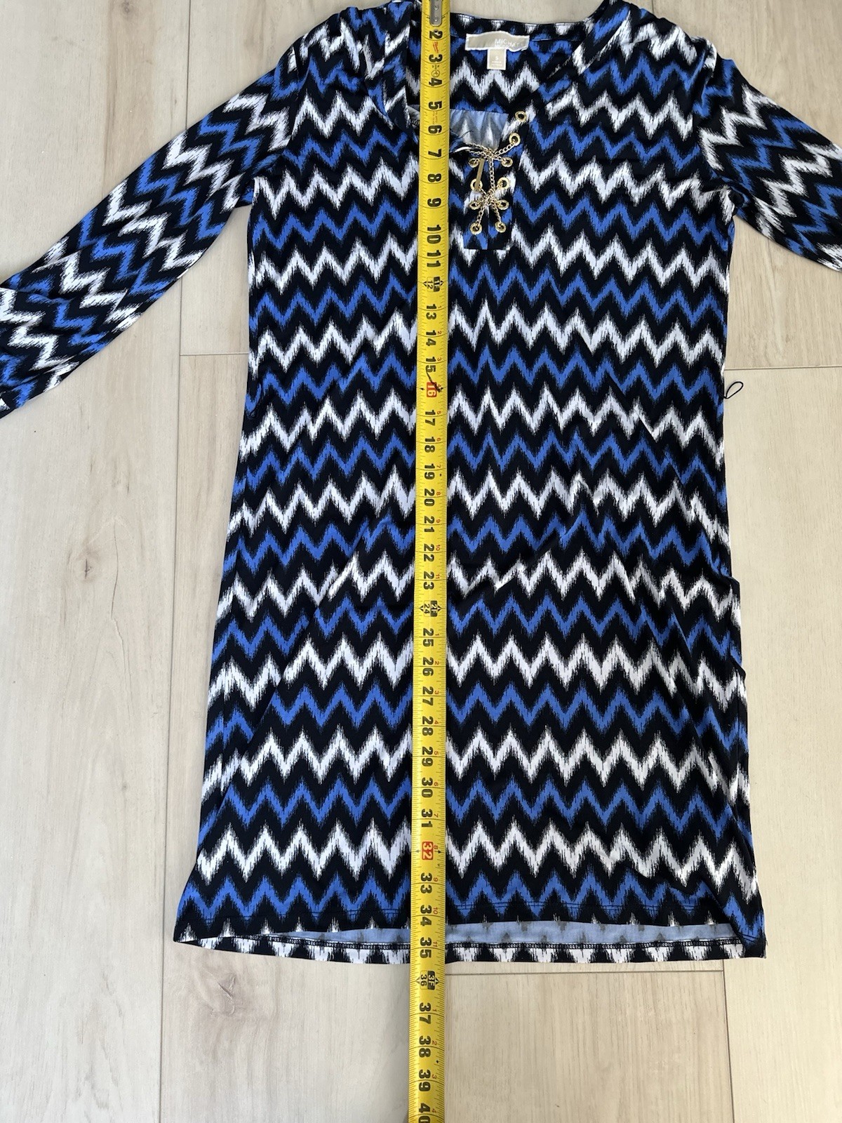 Michael Kors Chevron Lace Up Shift Dress Blue Black White Chain Accent V-Neck S