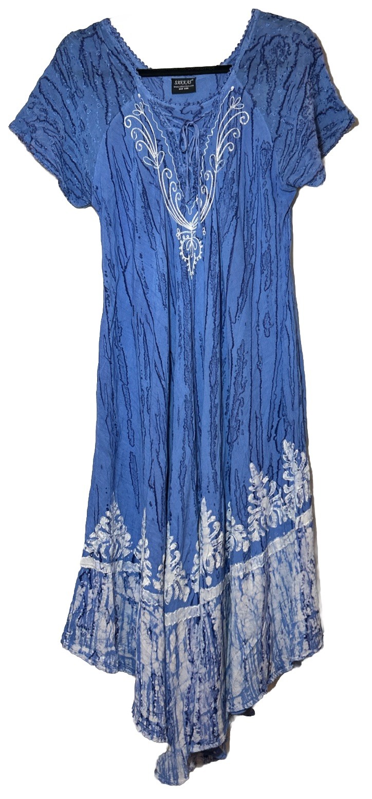 SAKKAS Womens One Size XL BOHO Blue Pockets Cruise Resort Tie Dye Crochet Dress