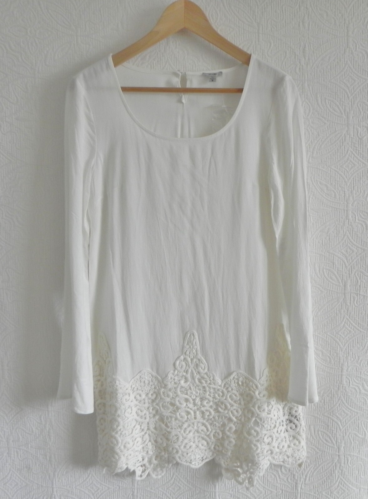 Ecote Mini/Tunic Dress Long Sleeve Scoop Neck Ivory Lace Trim Relaxed S