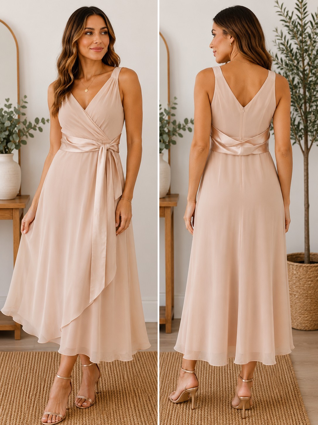 Evan-Picone Beige Wrap A-Line Midi Dress V-Neck Chiffon Lined Size 6