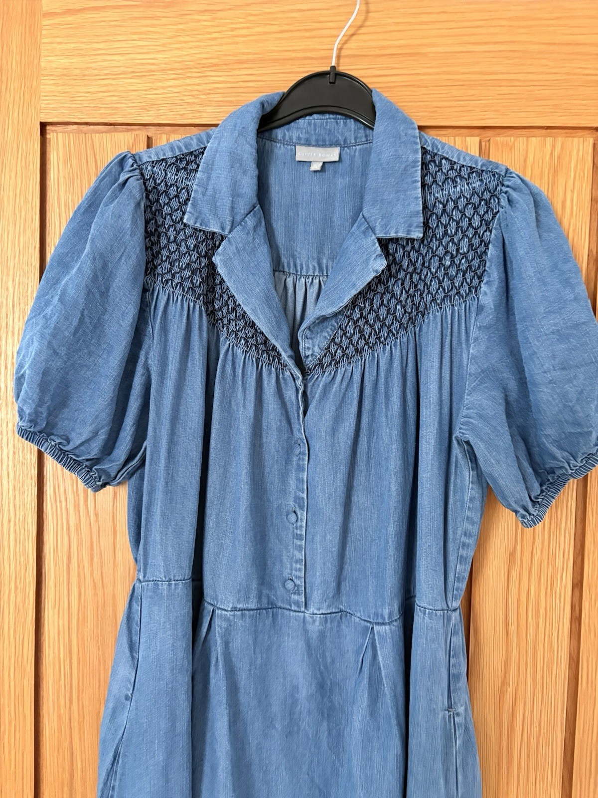 Oliver Bonas Shirt Midi Dress UK12 Light Blue Chambray Embroidered