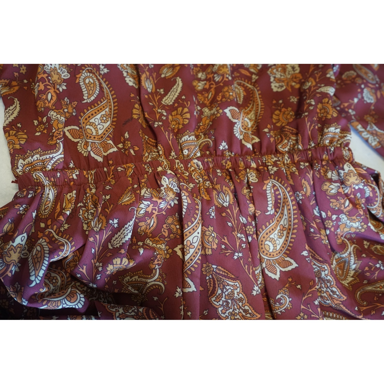 Flying Tomato Rust Paisley Tiered Ruffle Maxi Dress Boho Long Sleeve Womens M