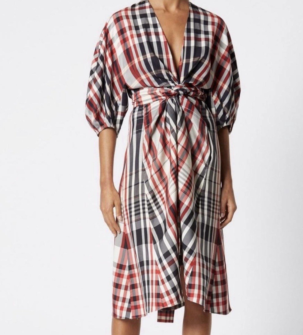 SCANLAN THEODORE Plaid Cocoon Sleeve Wrap Dress Women Size AU 8 US 4 Stripe Red