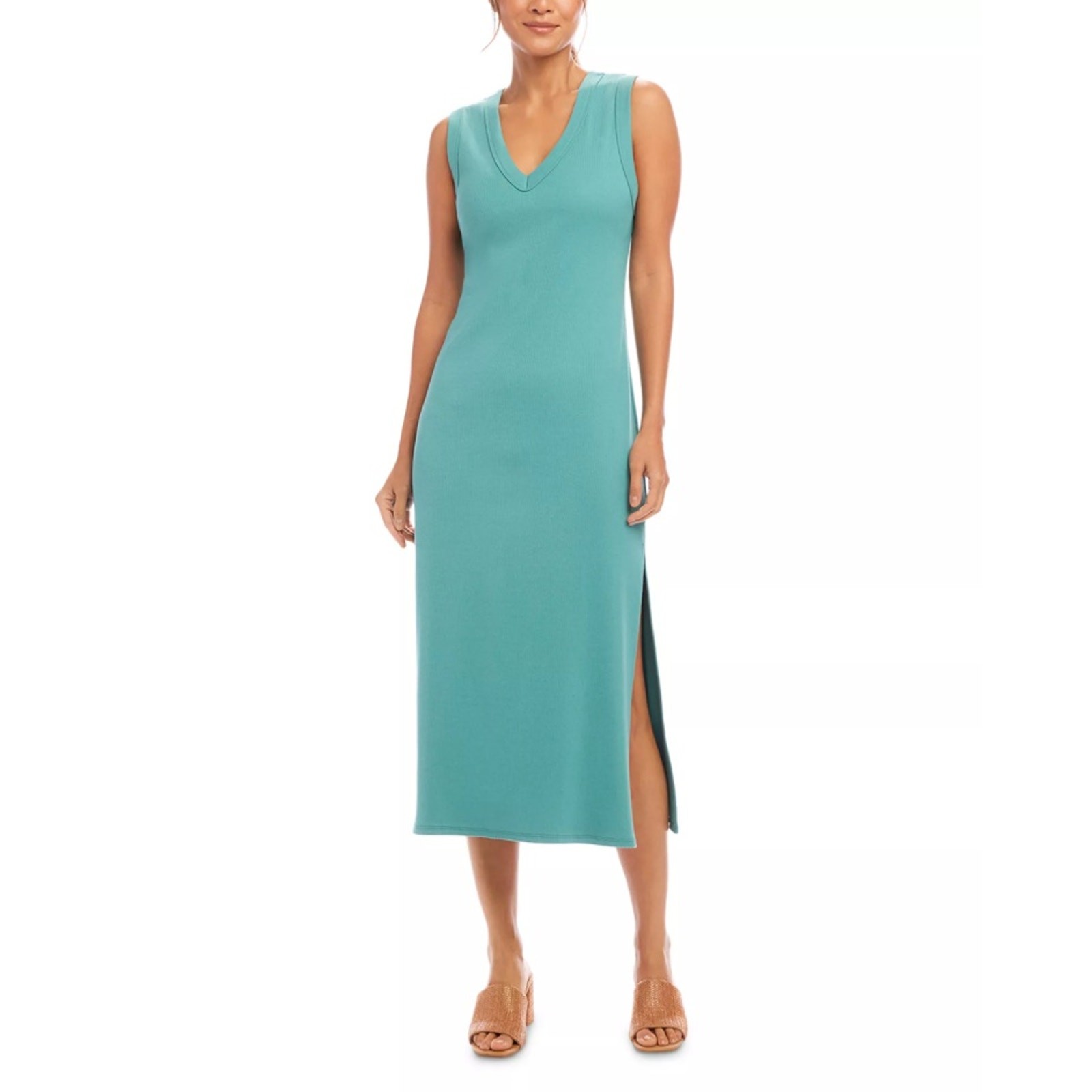 Karen Kane Women Aquamarine Ribbed V-Neck Midi Sheath Column Dress Size S
