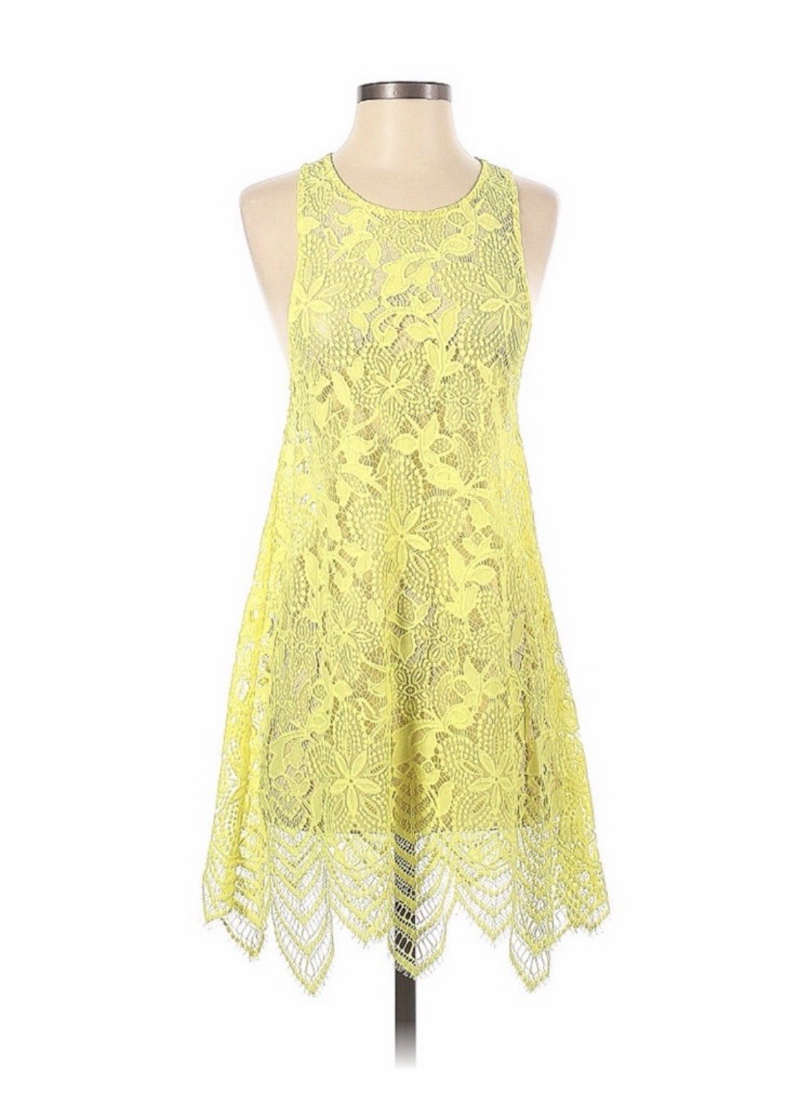 For Love & Lemons Yellow Floral Lace Halter Mini Dress Scalloped Hem XS Fairy