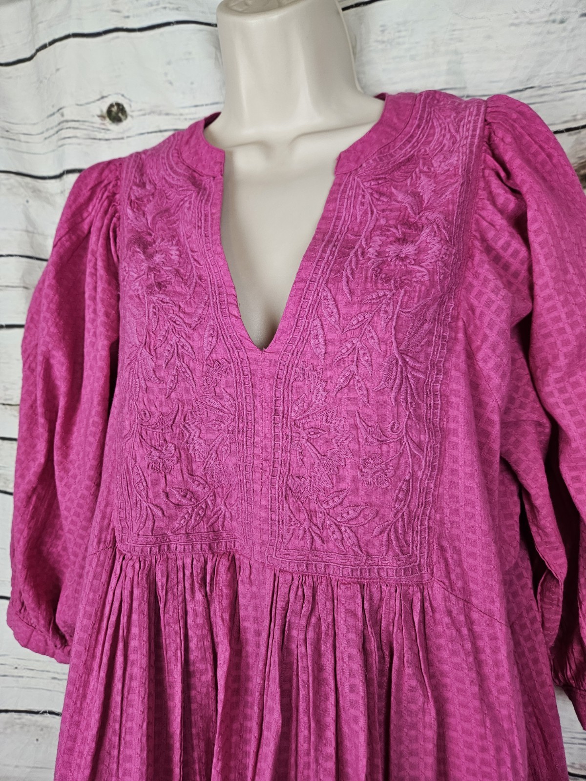 Sundance Pink Embroidered Peasant Dress M Cotton 3/4 Puff Sleeves Gingham