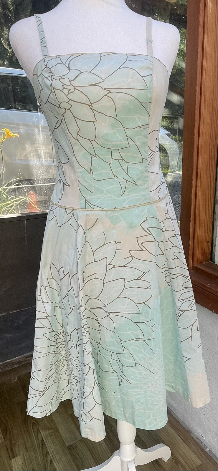 Anthropologie Bustier Dress w Full Skirt Mint Green Brown Leaf Print Sz 2