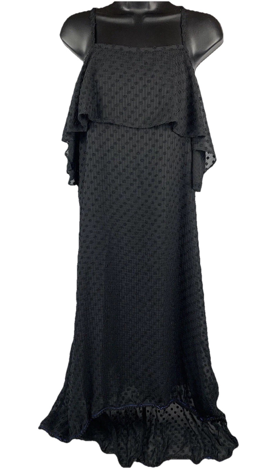 ECI New York Black Dotted Ruffle Midi Dress Hi-Low Hem W/Lining Size M