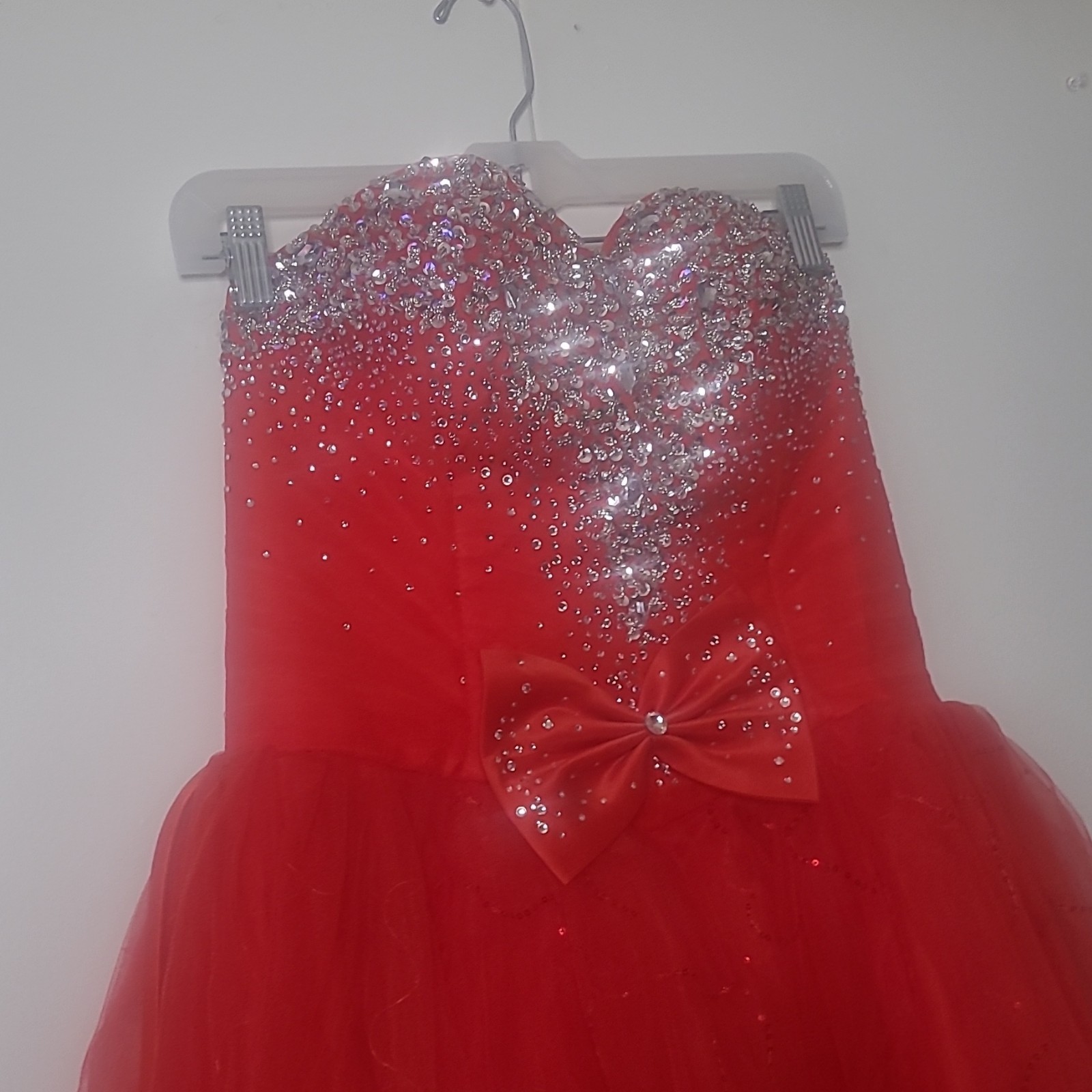 Red Strapless Sweetheart Rhinestone Bow Corset Lace-Up Tulle Long Gown XXL