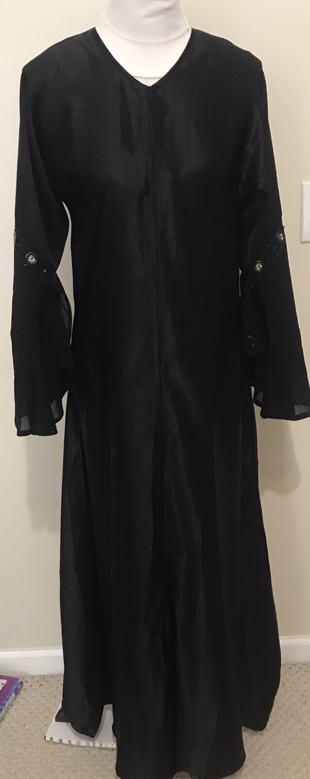women’s Black Satin Long Sleeves Abaya Maxi dress Dubai Bottom Down Front SZ M