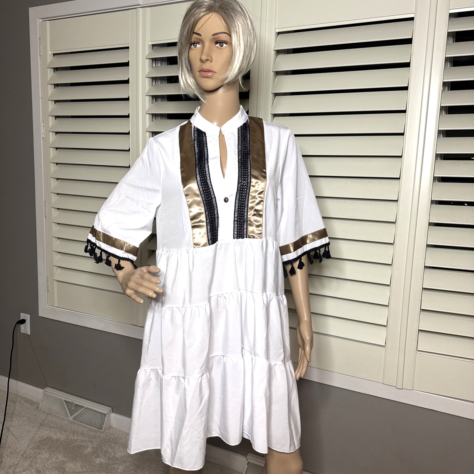 MEDIUM Dress Boho Pom Pom Sleeves Lightweight Semi Sheer