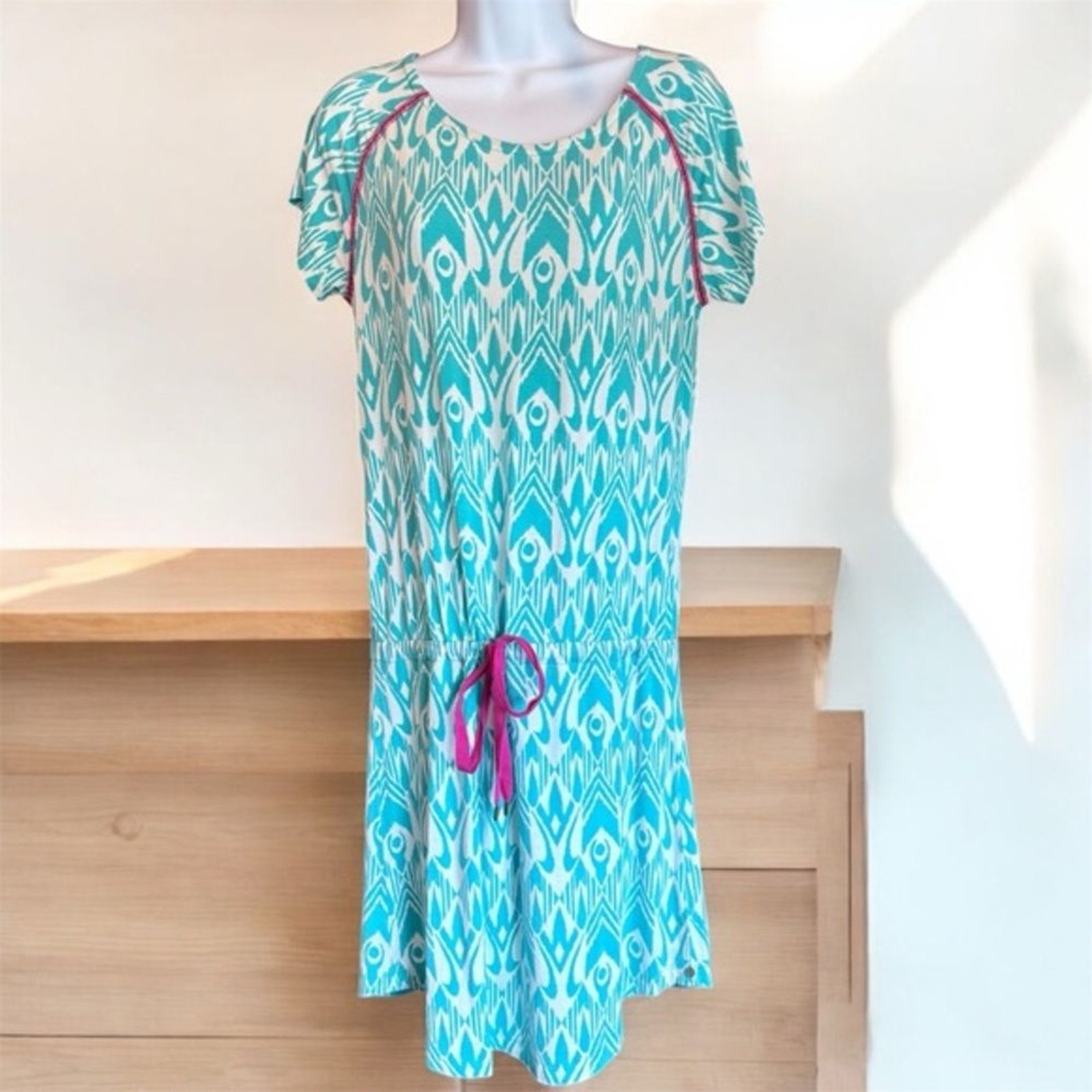 Hatley Teal White Patterned Drop Waist Dress Pink Accent Small