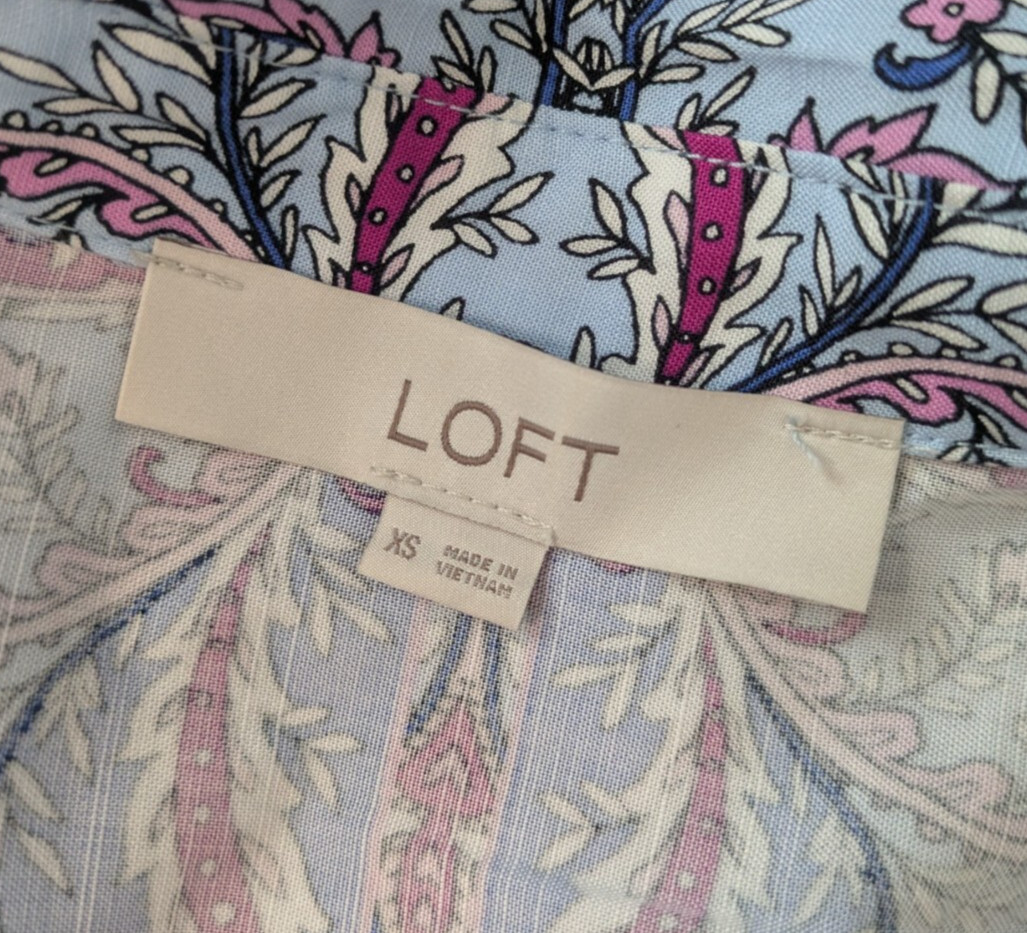 Loft Light Blue Paisley Floral Midi Shirtdress Size XS Button Front Collar Belt