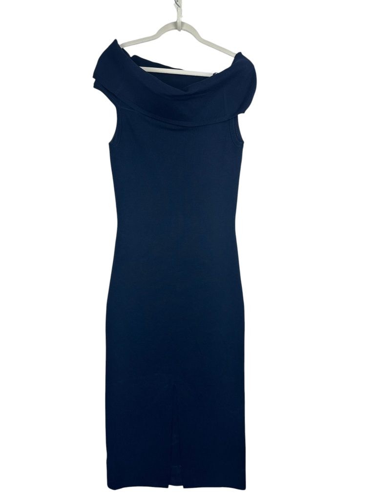 Michael Kors Sweater Dress Large Blue Off Shoulder Fold Over Midi Knit Bodycon