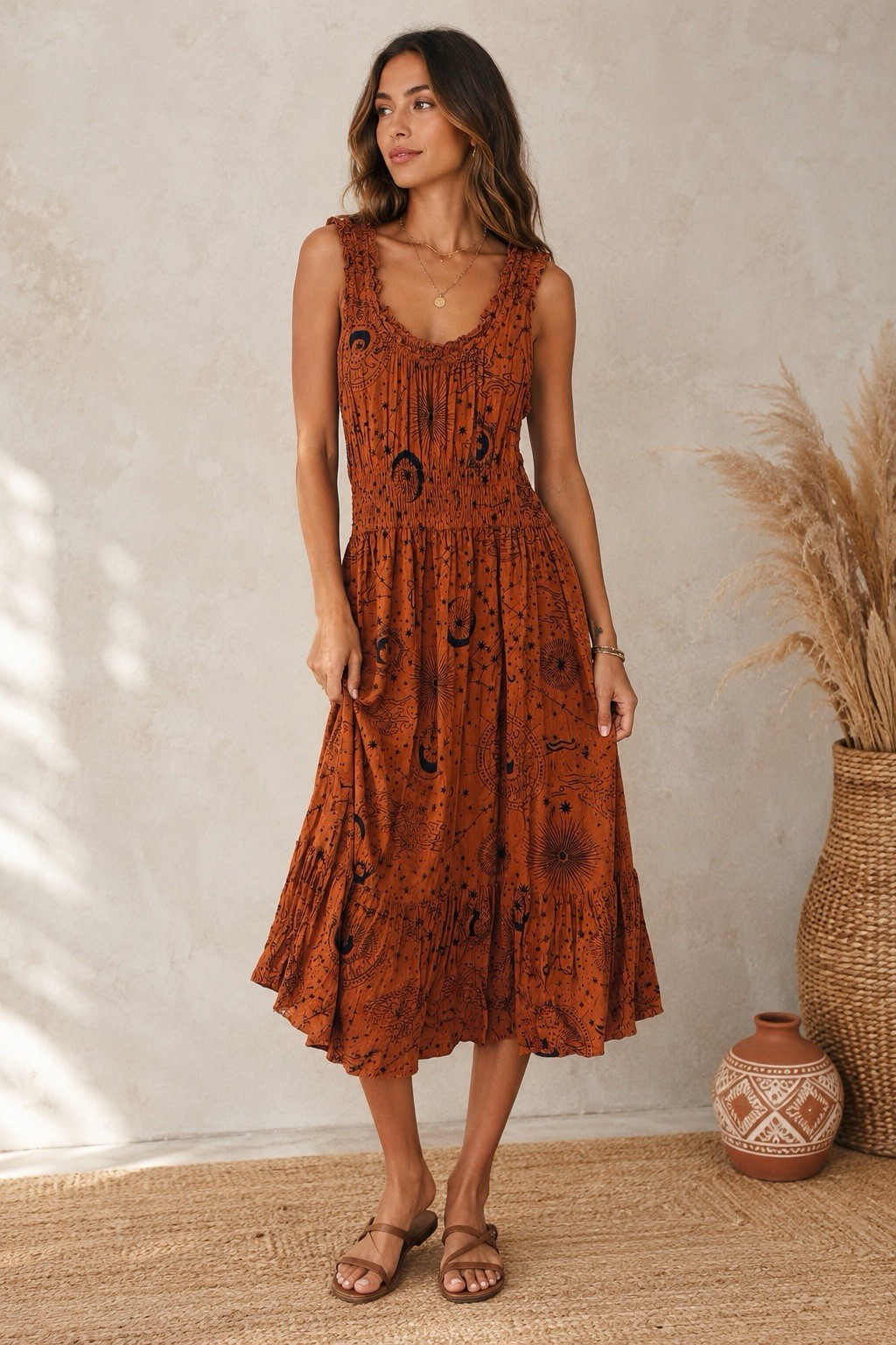Patrons of Peace Celestial Print Midi Dress Large Rust Boho Smocked Rayon India