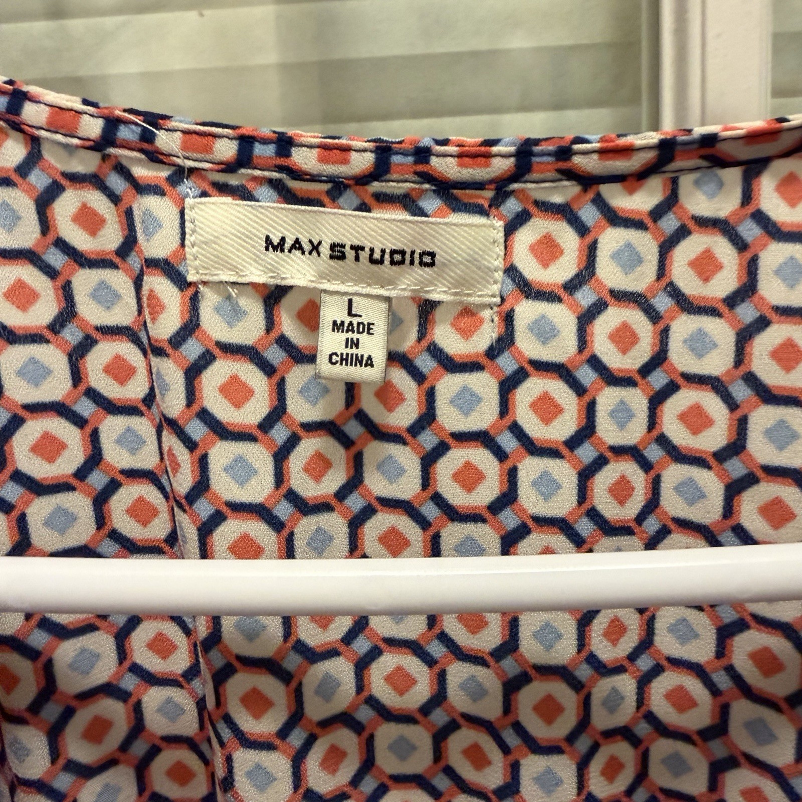 Max Studio L Blue Orange White Geometric V-Neck Short Sleeve Maxi Dress