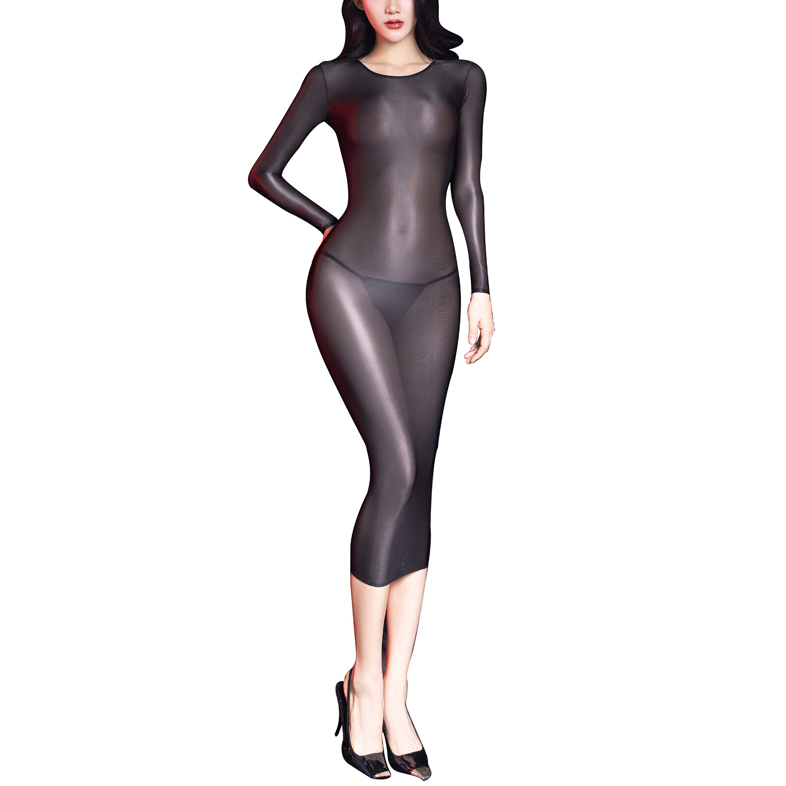 US Women’s Sexy Semi See Through Sheer Bodystocking Oil Shiny Bodycon Midi Dress