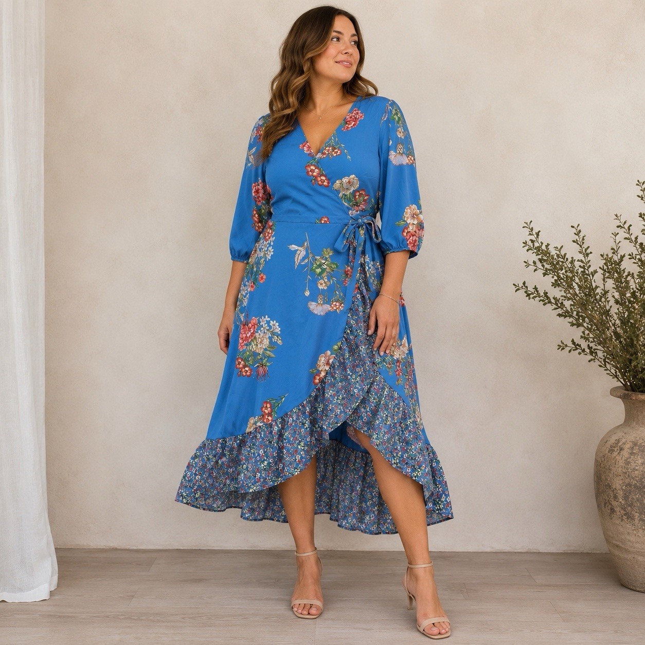 Wrap High Low Floral Dress Size L Blue Ruffled Romantic Cottage Feminine