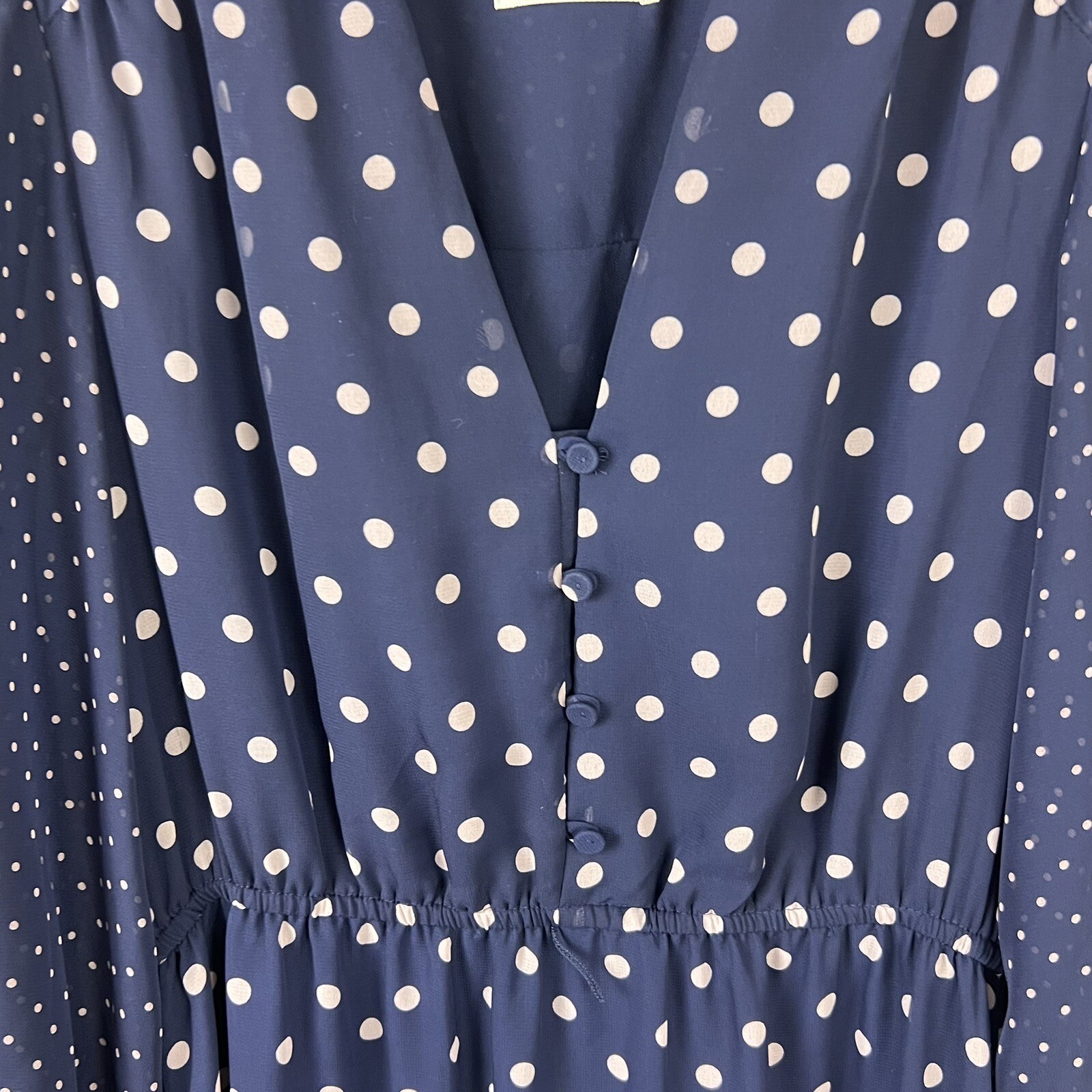 Eliza J Blue Pink Polka Dot Chiffon 3/4 Puff Sleeve V Neck Ruffle Bottom Dress 4