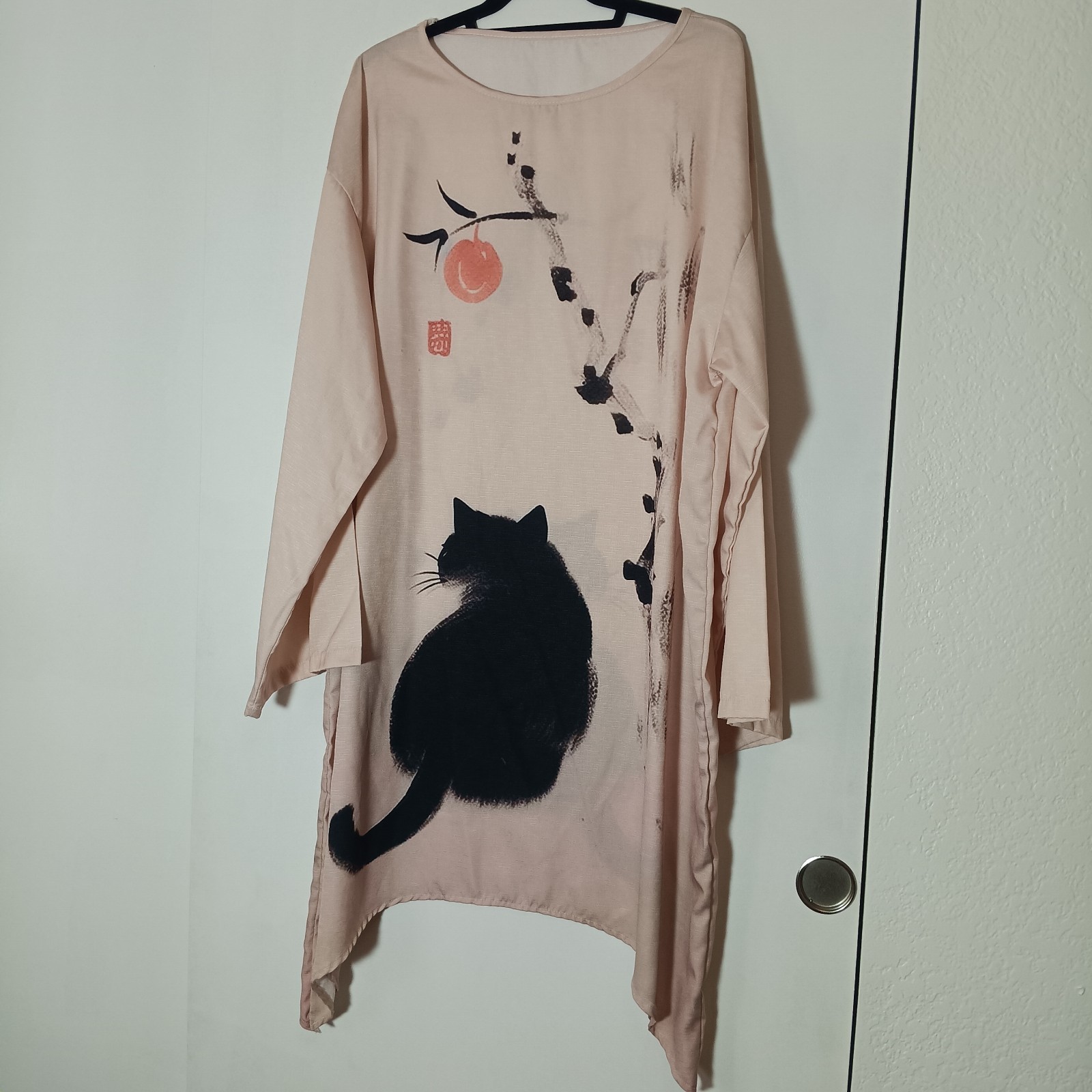 Japanese Art Dress 4XL Tunic Pink Ink Wash Art Black Cat Persimmon Branch Rare