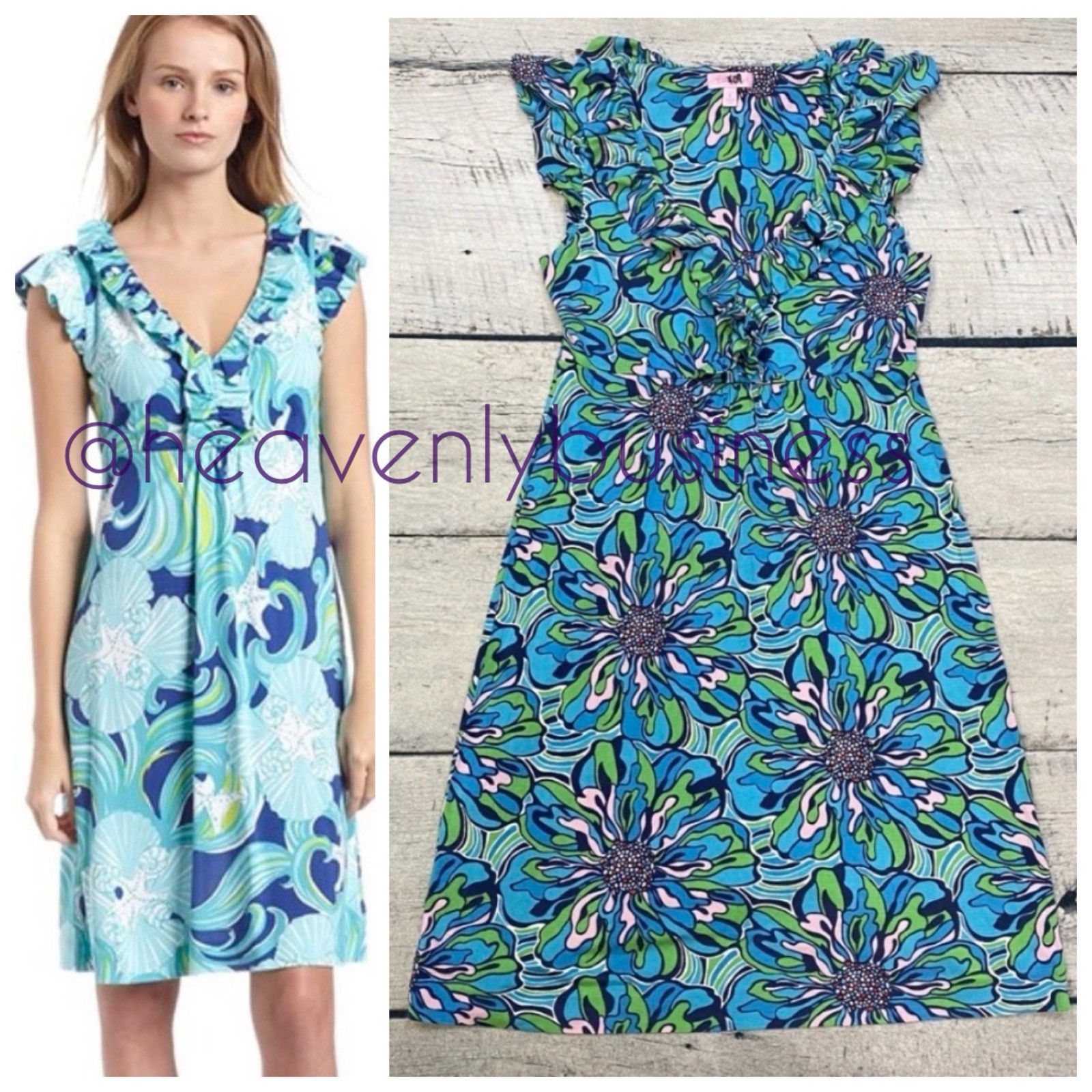 Lilly Pulitzer Blue/Green Floral Ruffle Shift Dress V-Neck Cap Sleeve S
