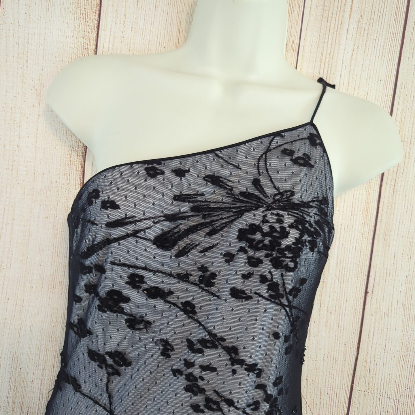 VintageRimini Sequins Floral Black Sheer Overlay Gown / Day Maxi Dress 6