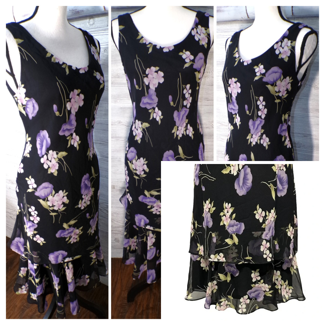 Y2k Black Floral Slip Maxi Dress 6 Chiffon Phoebe Fairy Fairygoth Whimsigoth Vtg