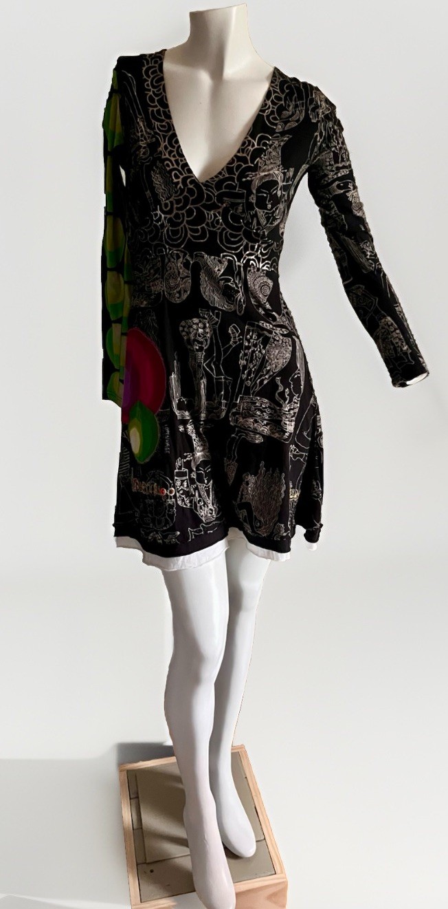 Desigual Art Print Dress Size Small Black Graphic Asymmetrical Sleeve Boho