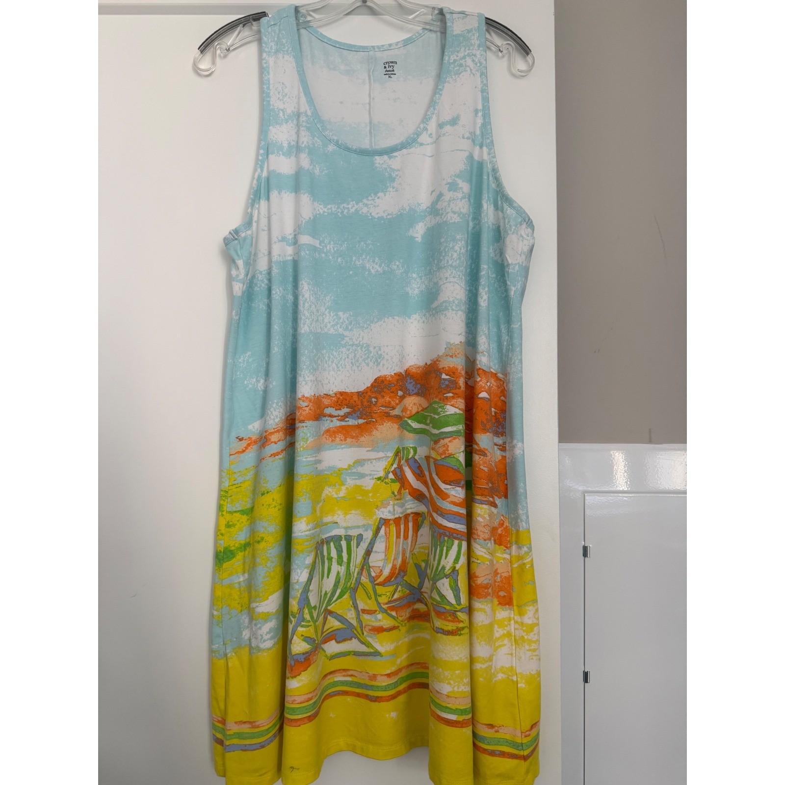 Crown & Ivy Beach Women XL Sleeveless Tank Dress Blue Yellow Coastal Scene Print