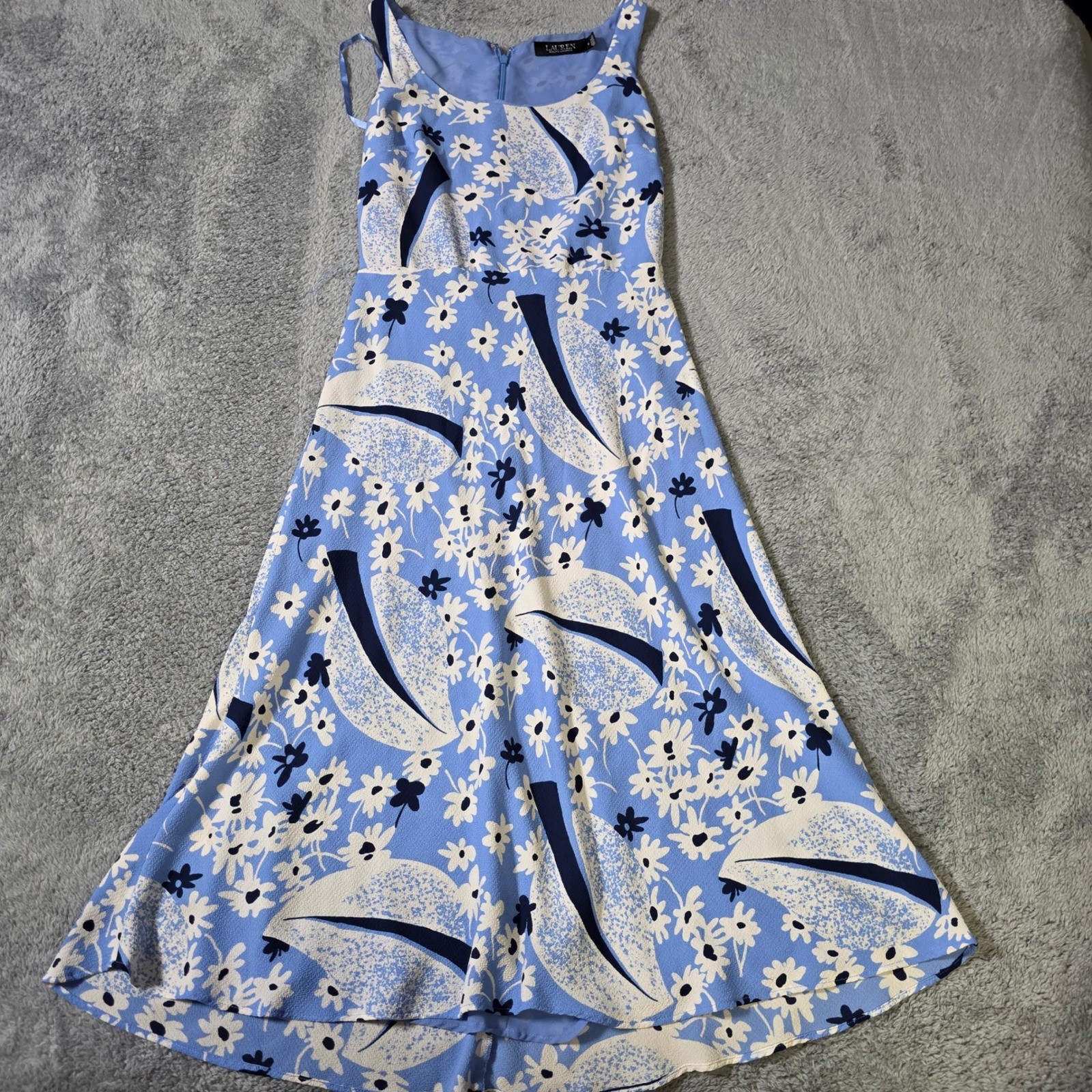 Lauren Ralph Lauren Womens 0 Midi Dress Blue Floral Abstract Leaf Sleeveless