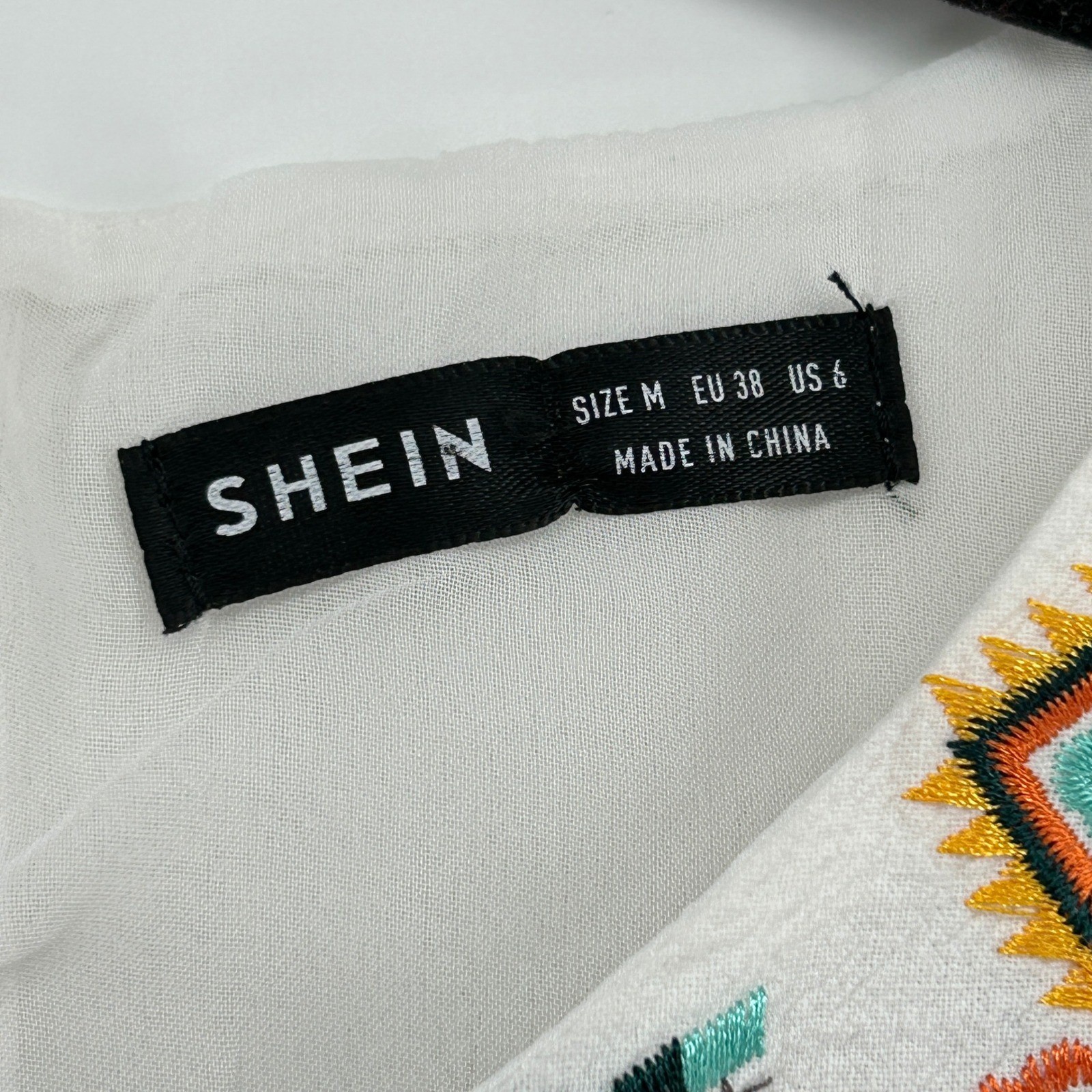 SHEIN White Colorful Embroidered Pom Pom Ruffle Mini Dress Cotton Med Boho Aztec