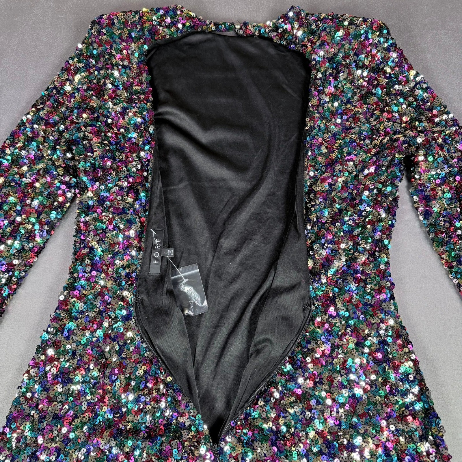 FORE Sequin Mini Dress Womens L Multicolor Open Back Long Sleeve Party Cocktail