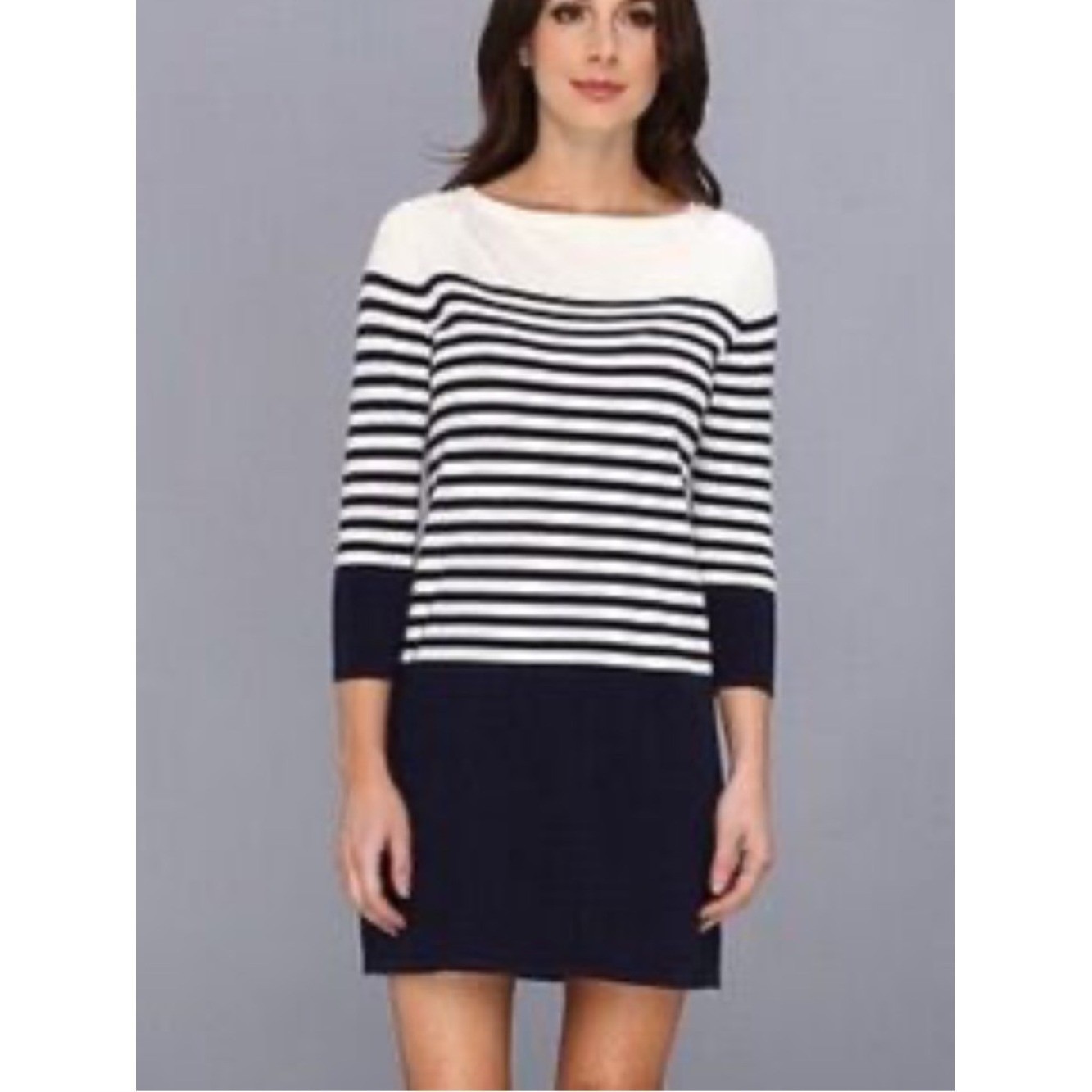 BCBGMaxAzria Navy and White Striped Long Sleeve Shift Sweater Dress, Size M