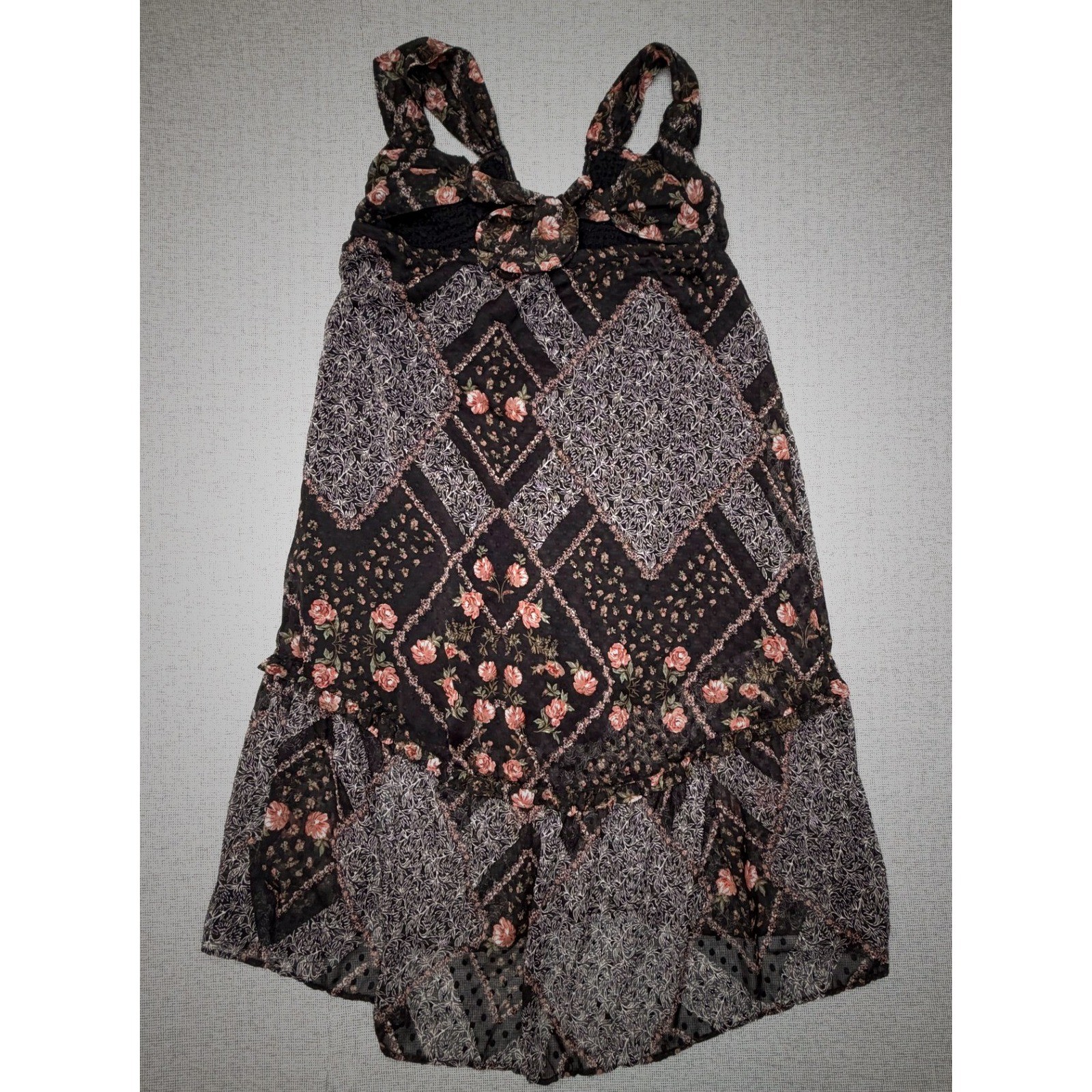 Angie Floral Patchwork High-Low Dress Black Pink Smocked V-Neck Bow Back Large