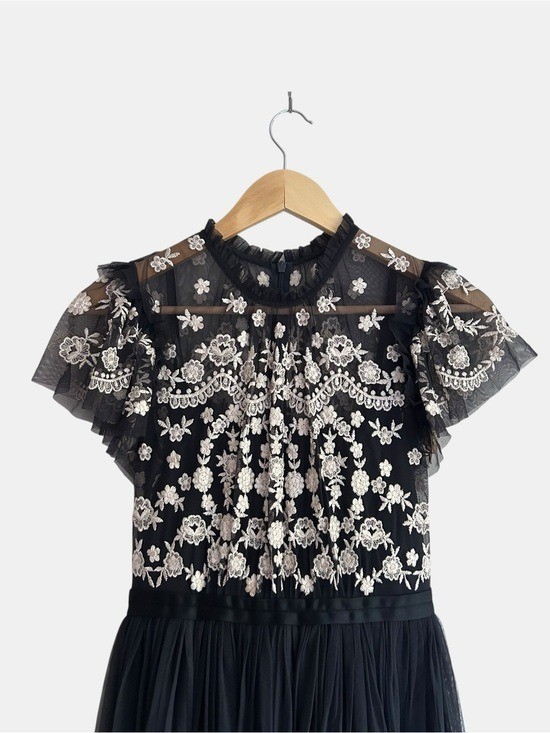 Needle & Thread Embroidered Tulle Midi Dress Black Cream Floral Wedding Guest 2