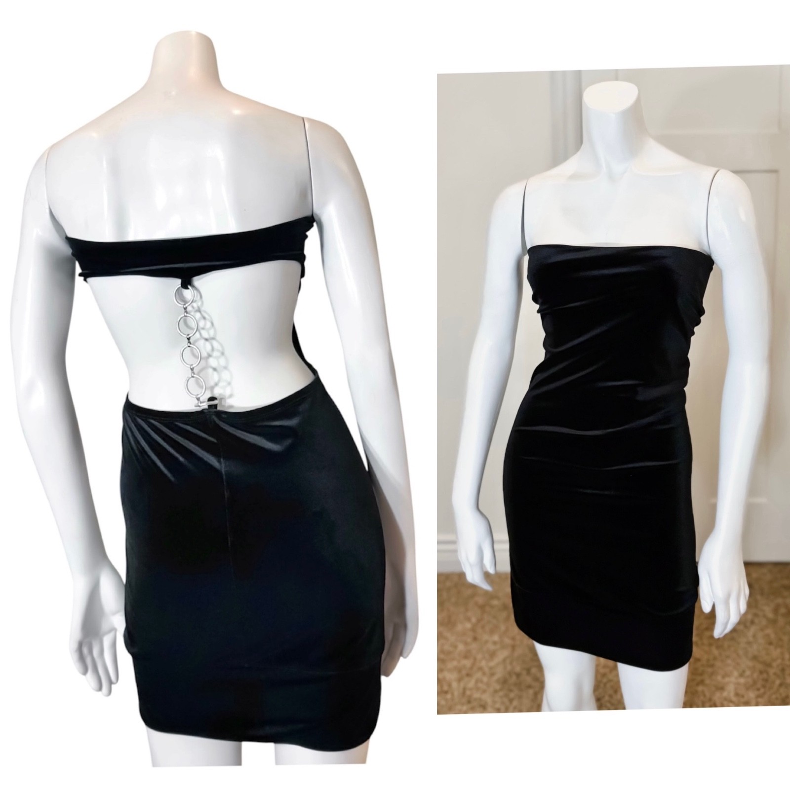 Vintage 90’s y2k STRAPLESS VELVET DRESS w METAL ACCENT L Goth Cyber Punk Rave