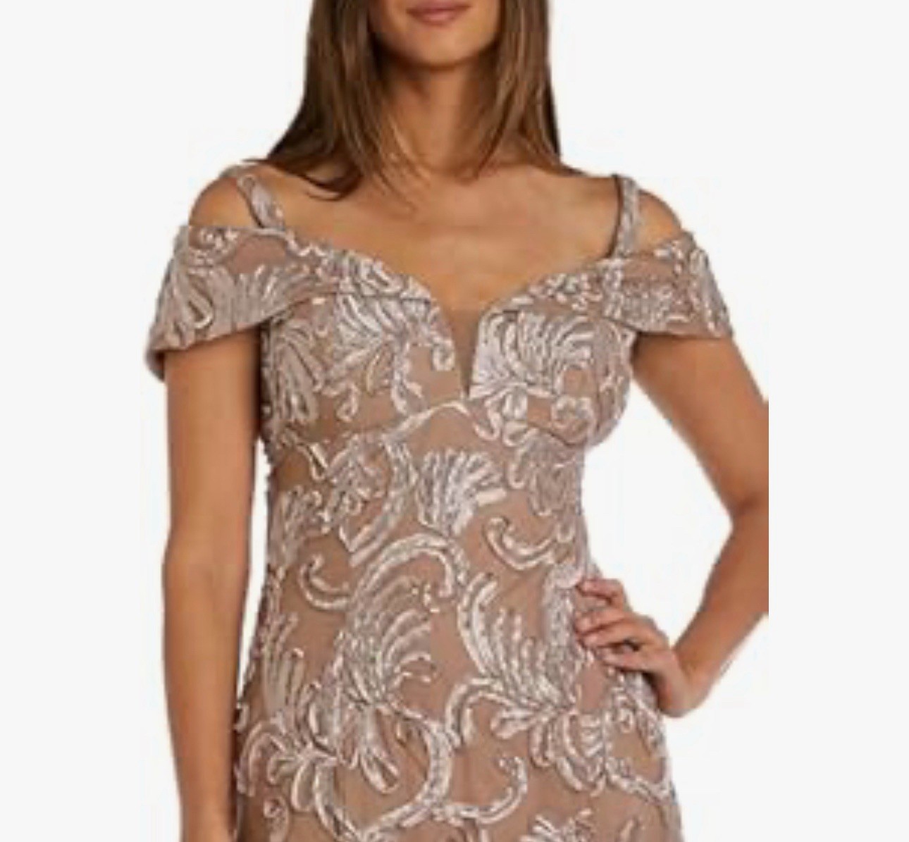 R & M Richards Sequin Gown 12 Latte Champagne Formal Wedding Guest Gala NEW