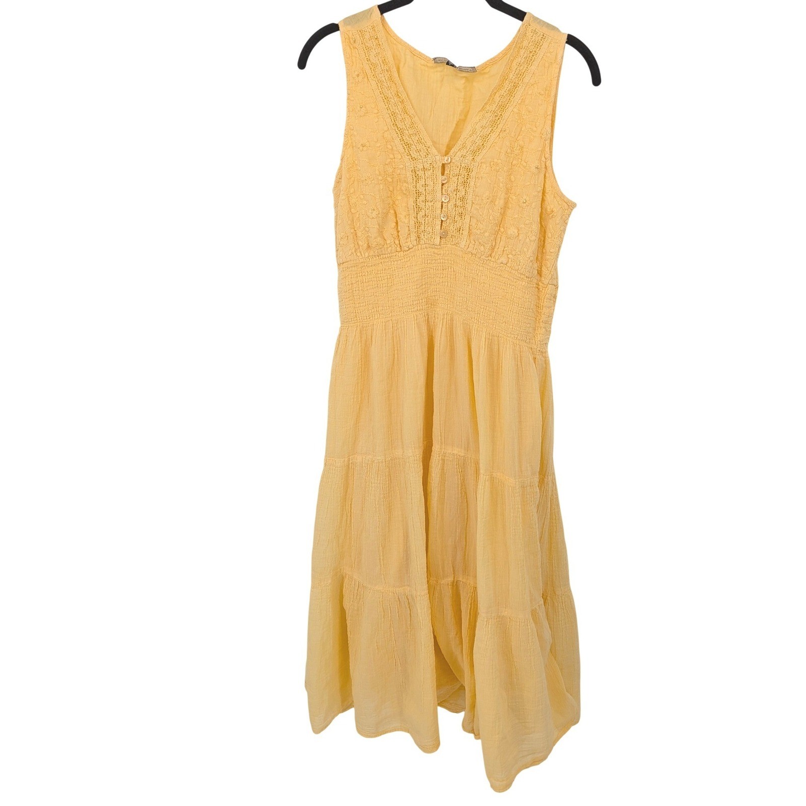 Mlle Gabrielle Dress Womens Large Yellow Boho Embroidered Eyelet Smocked Midi