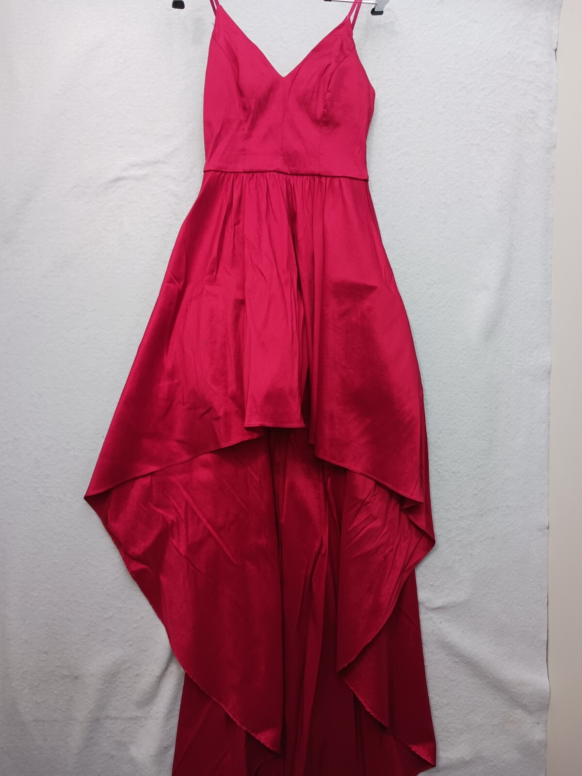 Camille Formal Dress Fuchsia Satin High-Low Spaghetti Strap V-Neck Casual Party