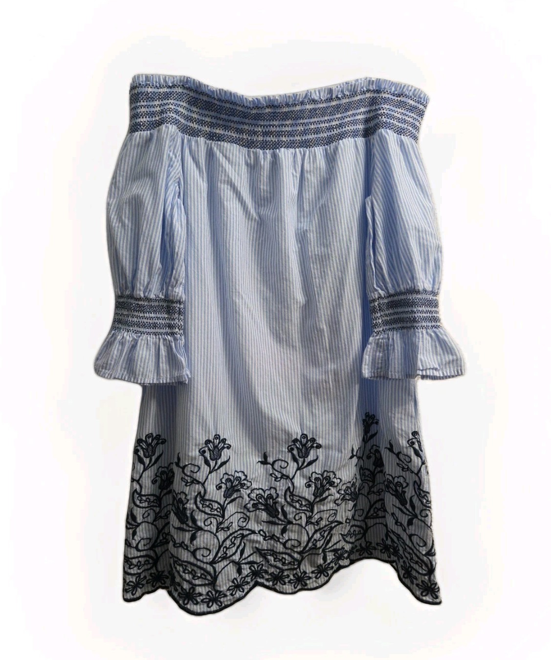 Alterd State Women L Off the Shoulder Blue Stripe Embroidered Floral Dress Top