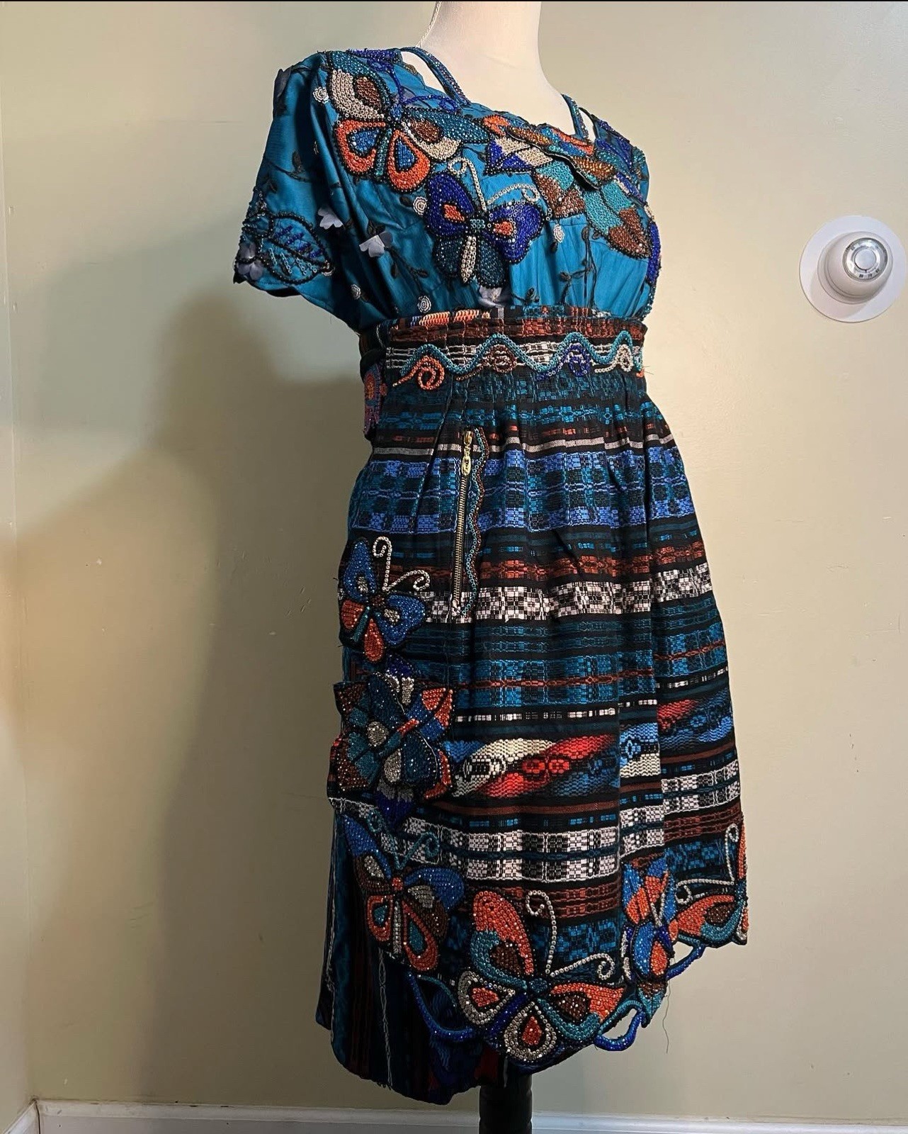 Women’s Blue Multicolor Floral Beaded Square Neck Dress Elastic Waist One Size